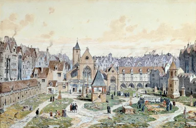 Vista del cementerio de los Inocentes en París en 1550