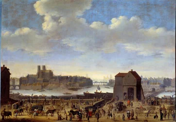 Vista del Quai y el Puente de la Tournelle, Île de la Cité y Île Saint Louis en París alrededor de 1646 París, Museo Carnavalet