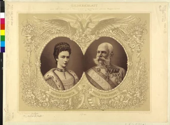 Emperador de Austria con familia Papel conmemorativo de los 40 años de edad ceremonia nupcial su Majestad 24. abril 1854 1894