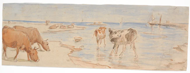 Vacas y terneros cerca del embarcadero en Saltholm (boceto para decoración de ponchera)