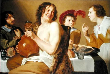 Figuras comiendo y bebiendo alrededor de una mesa