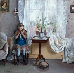 Interior con niña tejiendo