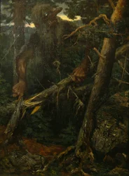 Viejo troll rompiendo árboles en el bosque