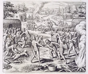 Batalla entre las tribus de Tuppin, de "Newe Welt und Americanische Historien" de Johann Ludwig Gottfried, publicado por Mattaeus Merian, Francfort.