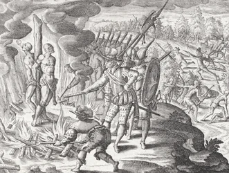Ejecución de dos indios payaguas acusados de matar a Juan de Ayolas (¿1537) de "Newe Welt und Americanische Historien" de Johann Ludwig Gottfried, publicado por Mattaeus Merian, Francfort.
