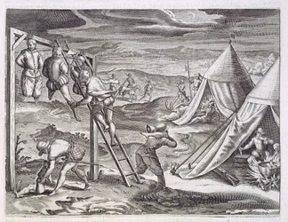 Ahorcamiento y mutilación de 3 ladrones, Río de la Plata, c.1536, de 