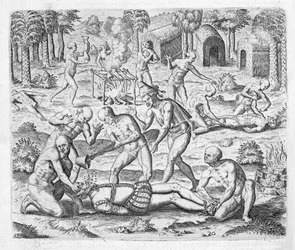Masacre de misioneros cristianos cerca de Cumaná, Venezuela, de "Newe Welt und Americanische Historien" de Johann Ludwig Gottfried, publicado por Mattaeus Merian, Frankfurt.