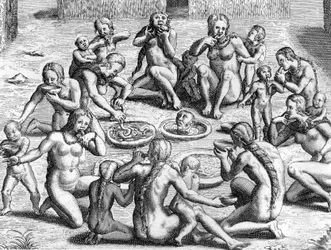 A Broth is Made From the Intestines: cannibalism by Indians in New World (Amazonia), grabado de Theodore de Bry para el libro "Le Voyage au Brezil de Jean de Lery 1556-1558" publicado en 1578.