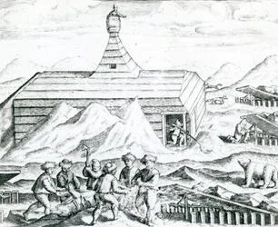 Cazadores de osos, ilustración de "India Orientalis" 1598 (grabado)