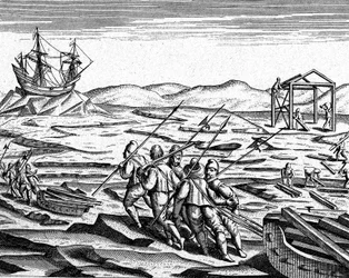 Construcción de una casa para el invierno en el Polo Norte, c.1600 (grabado)