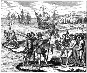 Cristóbal Colón (1451-1506) Explorador genovés, descubridor de América - 12 de mayo de 1492. Grabado de Theodore de Bry 1590.