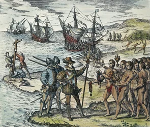 Desembarco de Colón en las Indias. 1594 (xilografía)