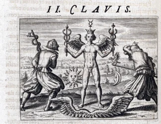 Composición simbólica de la alquimia, un joven desnudo, ala y corona, blande dos caduceos, rodeados por la Luna y el sol, frente a hombres armados con espadas que portan un águila y una serpiente - Grabado de Theodore de Bry (1528 -1598), para el tratado d