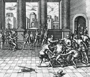 El emperador inca Atahualpa es garroteado por las tropas de Pizarro, 26 de julio
