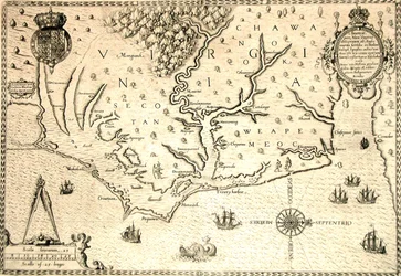 Mapa de 1590 grabado por Theodore de Bry a partir de una acuarela del colono inglés John White, gobernador de Roanoke. Virginia y costa con pequeñas islas y Roanoke en la desembocadura del río. Tierras nativas de Secotan y Weapemeoc.