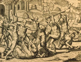 Martirio de los monjes misioneros en América del Sur, grabado de Historia americae, de Theodor de Bry (1528-1598), Frankfurt