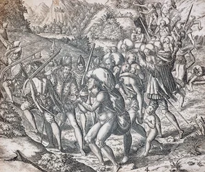 Nativos subidos a los barcos para ser llevados a la esclavitud en Sevilla, grabado de Theodor de Bry (1528-1598), Antillas