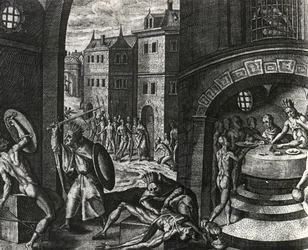 Sacerdote mata a la víctima de una falsa pelea y luego despelleja el cuerpo, México, grabado de Peregrinationes, de Theodor de Bry (1528-1598), América Central