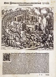 Sudamérica: Los conquistadores españoles queman y saquean una aldea indígena