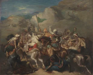 Batalla de jinetes árabes alrededor de un estandarte