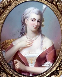 Retrato de una dama con un vestido escotado de terciopelo rojo
