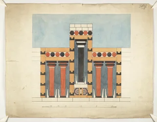 Pintura que reimagina el Santuario Tripartito Central en el Patio Central del Palacio de Minos en Cnosos (Evans Architectural Plans WW/15)
