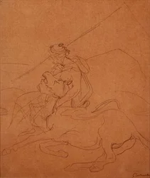 Árabe sosteniendo la cabeza de su caballo moribundo