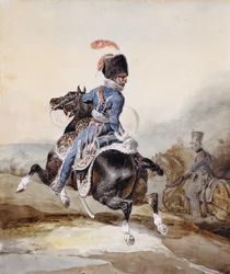 Oficial de artillería galopando hacia la izquierda
