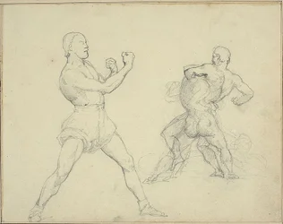 Boxeador mirando a la derecha y dos hombres luchando
