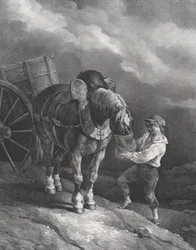 Niño alimentando a un caballo de tiro con una bolsa de nariz, 1822