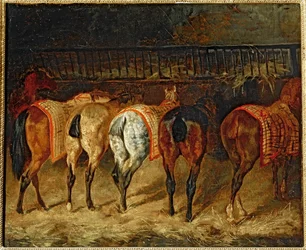 Cinq chevaux vus par la croupe, dans une ecurie - Cinco caballos vistos por detrás en un establo (óleo sobre lienzo)