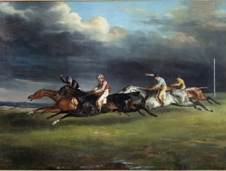 Carrera de caballos llamada el derby en Epsom