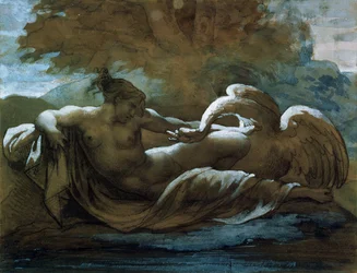 Leda y el cisne (tiza negra y acuarela)