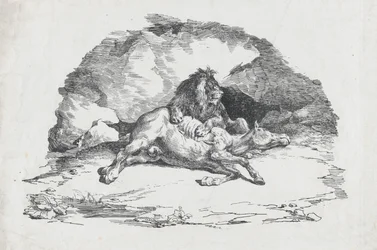 León devorando un caballo