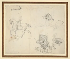 Página de bocetos (caballo, perro, cabeza de soldado)