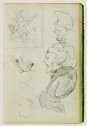 Estudios de león, estudio compositivo de figura de grupo, dos estudios de cabeza de caricatura