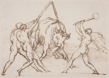 Tres hombres provocando a un toro