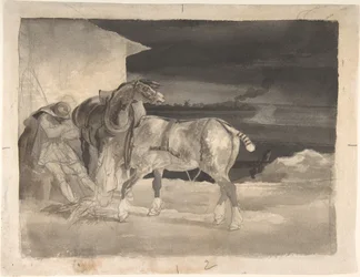 Dos caballos de tiro con un cochero dormido