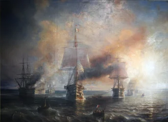 En francés:  La flotte française se rendant de Cherbourg à Brest, 1858 La flota francesa navegando de Cherburgo a Brest, 1858