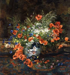 Amapolas, margaritas, ranúnculos y otras flores en un jarrón Imari japonés