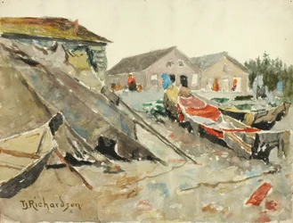 Secado de mantas sobre canoas, ca. 1890-1914