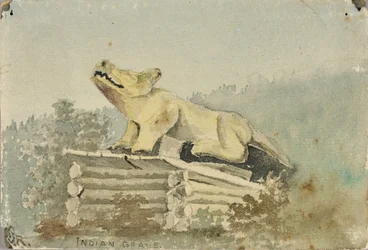 Tumba india. Tótem de lobo sobre la tumba del hombre medicina, Wrangell, ca. 1880-1914