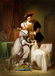 El emperador Carlos y su amante Johanna Van der Gheynst en la cuna de su hija Margarita