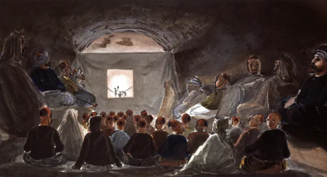 Espectáculo de marionetas en una escuela de Argelia, hacia 1830 (acuarela)
