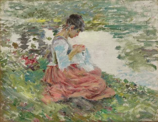 Chica cosiendo junto al río, c.1891