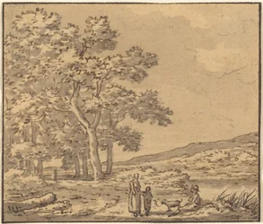 Un paisaje con tres figuras y un perro
