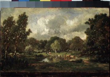 Vacas en el lugar de riego. Pintura de Theodore Rousseau (1812-1867). Óleo sobre madera