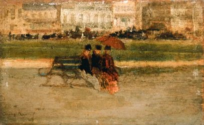 Damas sentadas en una playa de Cannes (óleo sobre tabla)