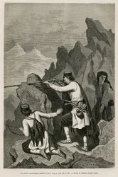 Los soldados montenegrinos durante la acción, en la guerra de 1876, durante la cual Serbia y Montenegro declararon la guerra a la Turquía otomana, dibujo de Valerio para ilustrar el viaje a Montenegro en 1874 de Charles Yriarte (1832-1898). Grabado en «Le
