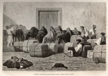 Cuando las caravanas turcas llegan a la aduana de Sebenico (Serbia), los viajeros comerciales descargan los fardos de la espalda de sus camellos para verificar la cantidad y naturaleza de las mercancías. Ilustración de una historia sobre Dalmacia, por Char